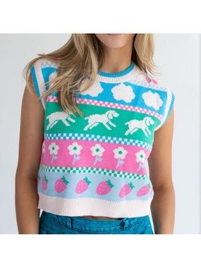 Luna Ivy Puppy Floral Dog Strawberry Knit Sweater Vest Top | M